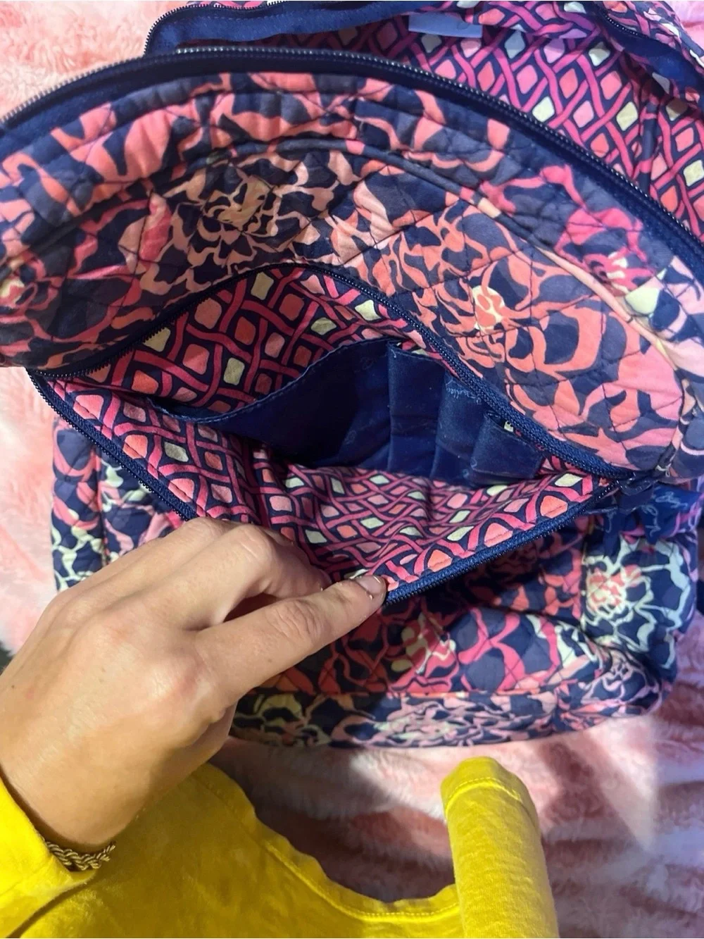 Vera Bradley Navy Floral Quilted Backpack with Pink Accents